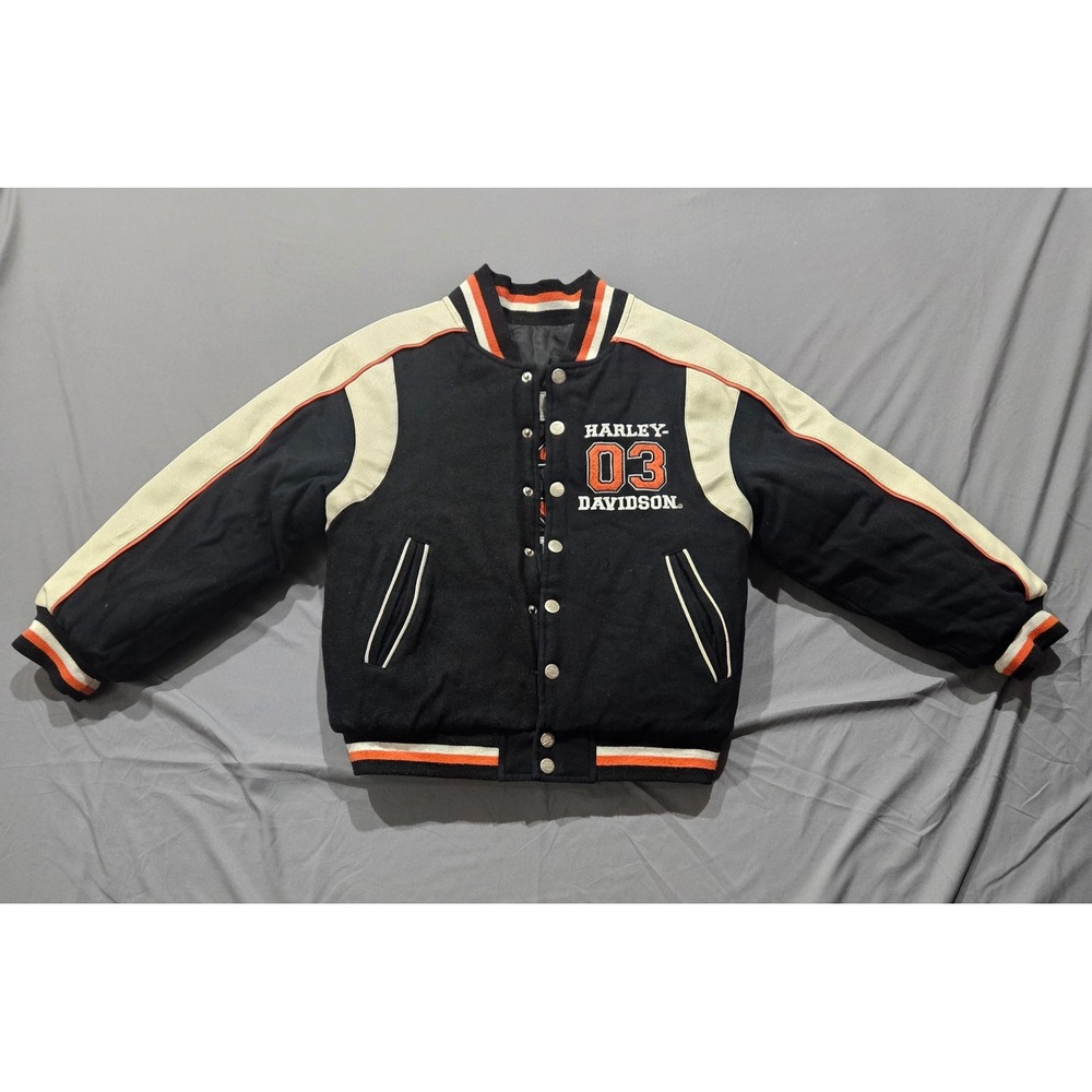 Harley Davidson Varsity Jacket Kids S 8 Black Reversible Wool Quilted Excellent